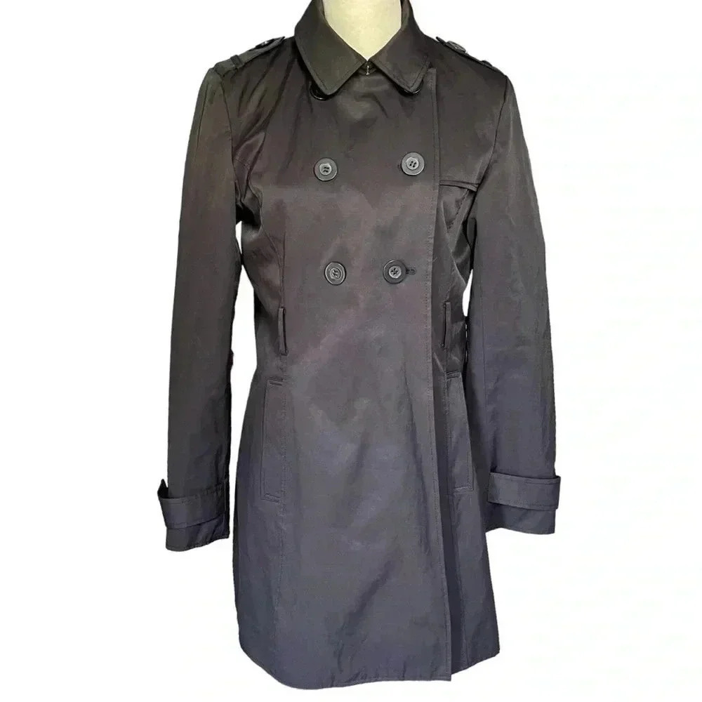 Kenneth Cole Black Trench Coat Button Down Cotton Blend‎ Women Size M